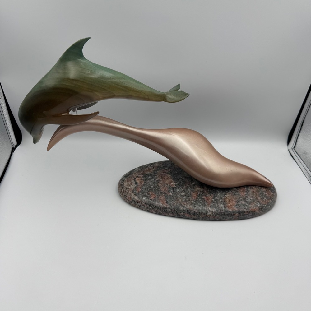 Vintage Dolphin Wave Sculpture Leaping Porpoise Granite Stone Base Figurine